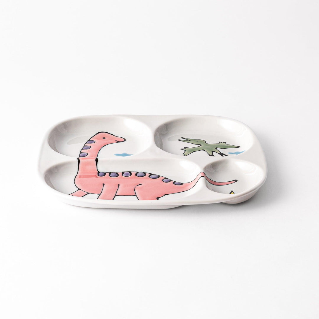 Kids' plate with a dinosaur theme, featuring a pink Brachiosaurus and a green flying dinosaur, along with playful yellow accents, designed with multiple sections for mealtime fun.