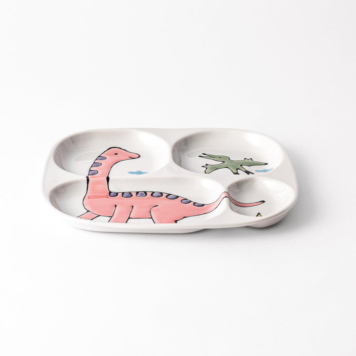 Kids' plate with a dinosaur theme, featuring a pink Brachiosaurus and a green flying dinosaur, along with playful yellow accents, designed with multiple sections for mealtime fun.