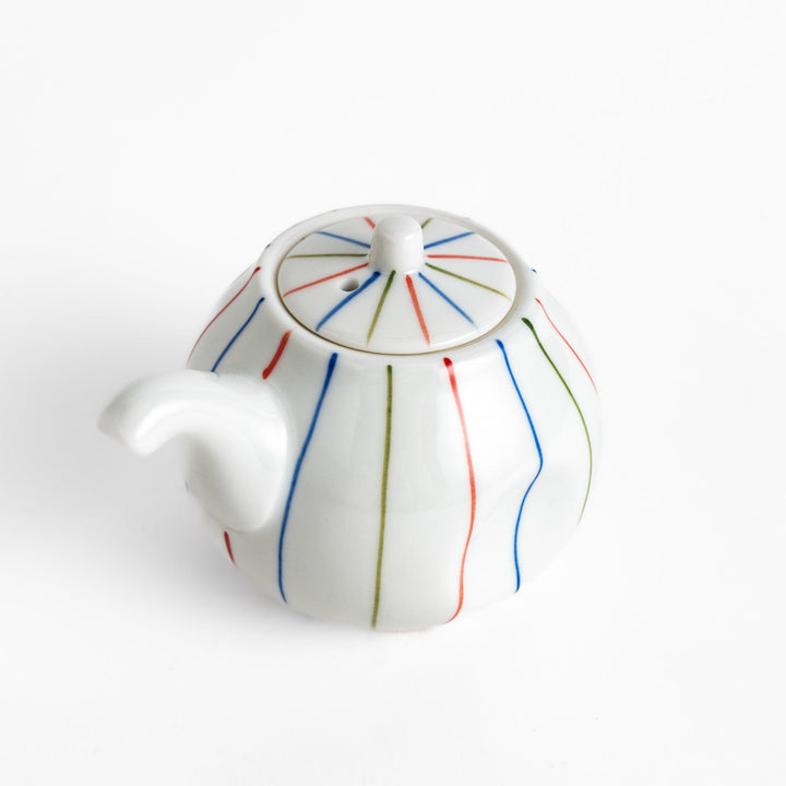 Brocade Striped Soy Sauce Dispenser with a white porcelain body, decorated with colorful red, blue, and green stripes, offering a modern yet traditional design.