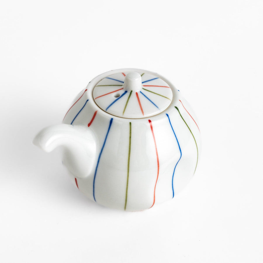 Brocade Striped Soy Sauce Dispenser with a white porcelain body, decorated with colorful red, blue, and green stripes, offering a modern yet traditional design.