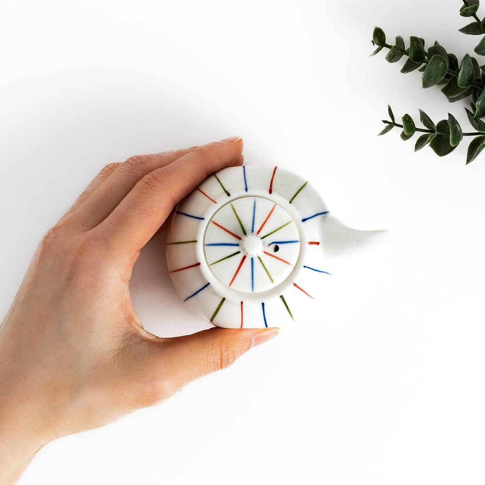 Brocade Striped Soy Sauce Dispenser with a white porcelain body, decorated with colorful red, blue, and green stripes, offering a modern yet traditional design.