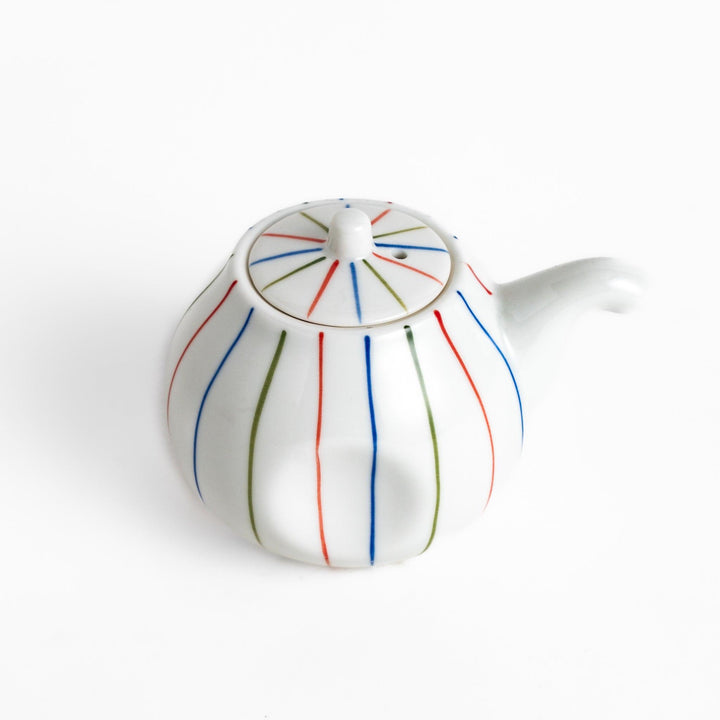 Brocade Striped Soy Sauce Dispenser with a white porcelain body, decorated with colorful red, blue, and green stripes, offering a modern yet traditional design.