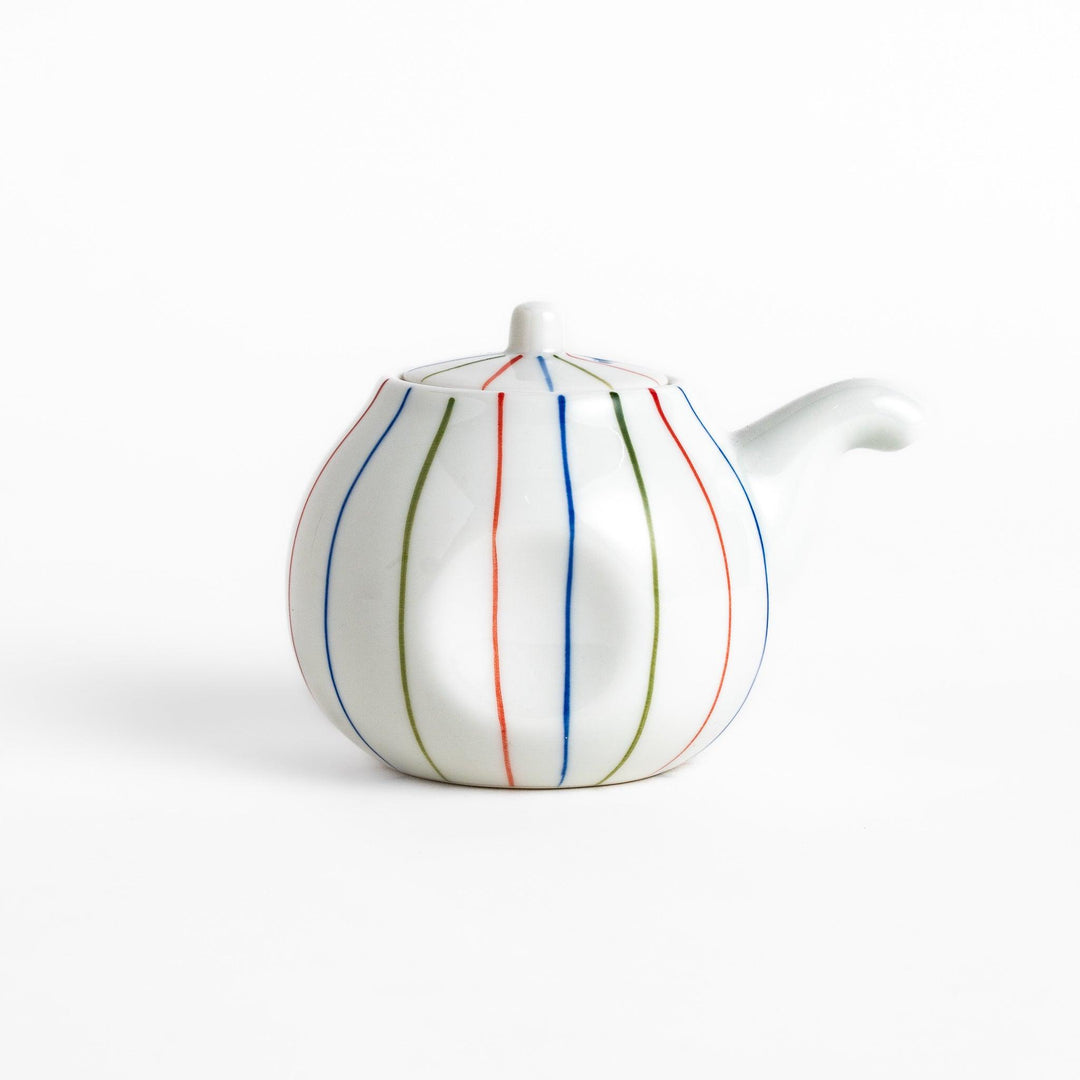 Brocade Striped Soy Sauce Dispenser with a white porcelain body, decorated with colorful red, blue, and green stripes, offering a modern yet traditional design.