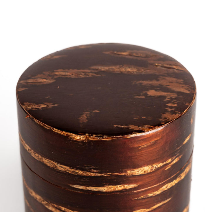Cherry bark tea caddy and scoop set, showcasing the natural beauty of the bark and perfect for storing and serving your favorite loose leaf tea.