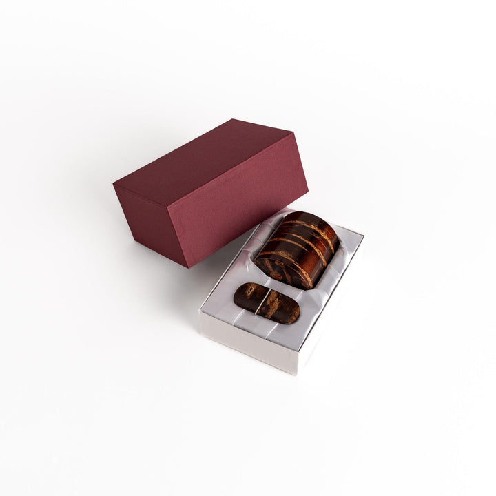 Cherry bark tea caddy and scoop set, showcasing the natural beauty of the bark and perfect for storing and serving your favorite loose leaf tea.
