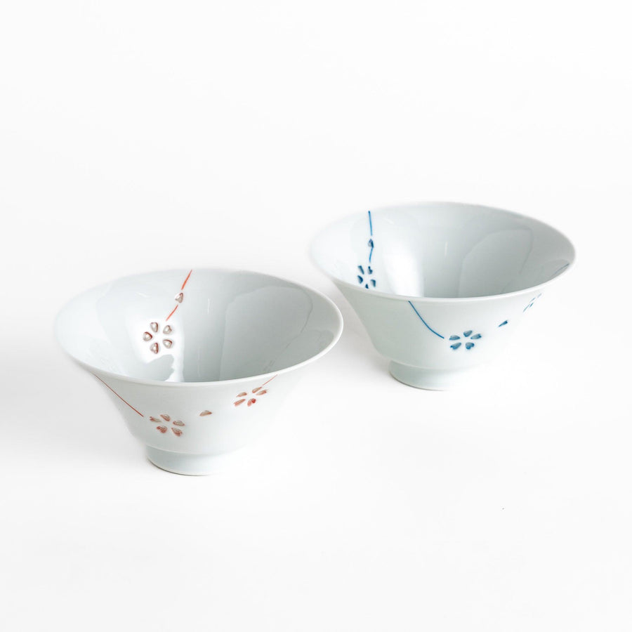 Colorful Petal Crystal Rice Bowls, featuring delicate flower petal designs in red and blue on a soft white porcelain, perfect for serving rice with a touch of elegance.
