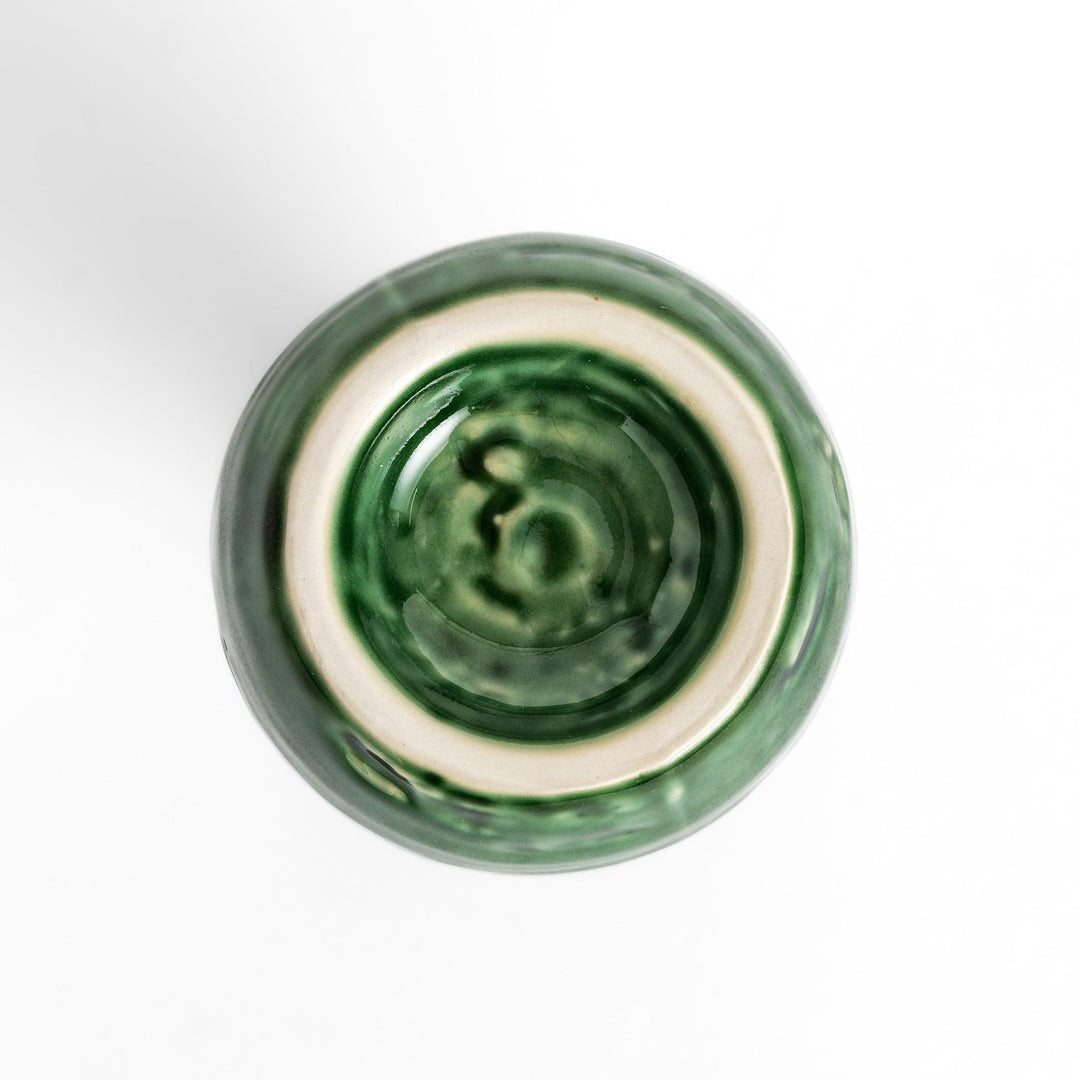 Deep green sake flask with a textured, glossy finish, shaped in a traditional style, ideal for serving sake with elegance and charm.