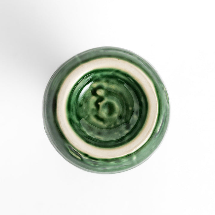 Deep green sake flask with a textured, glossy finish, shaped in a traditional style, ideal for serving sake with elegance and charm.