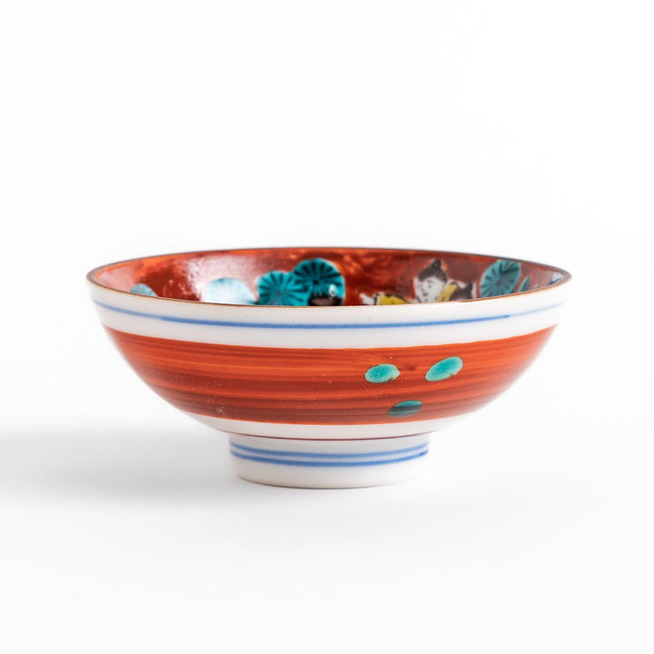 Sake cup with a vivid depiction of a historical scene, featuring figures gathered around a fire, set against a colorful, intricate background.