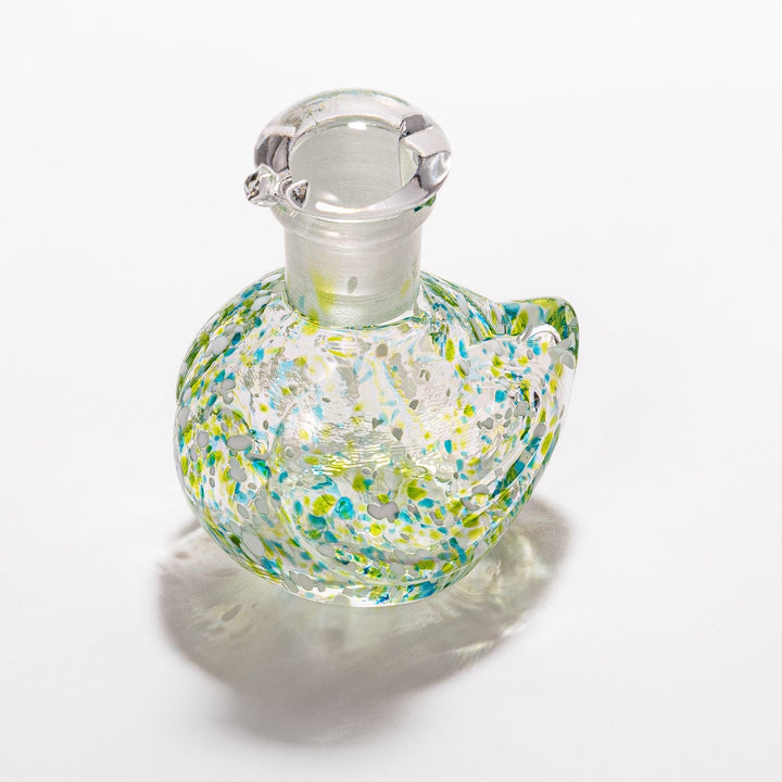 Colorful green and blue speckled Ethereal Songbird soy sauce dispenser with a delicate bird design, adding charm and elegance to your table.