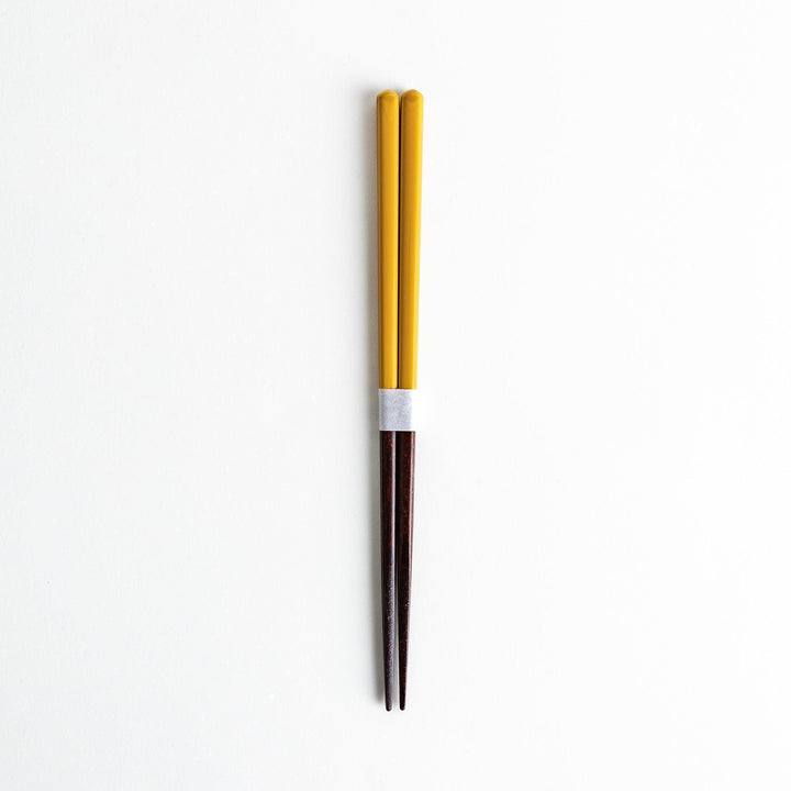 Chopsticks in different colors—white, yellow, olive green, navy blue, and dark brown—with wooden lower halves.