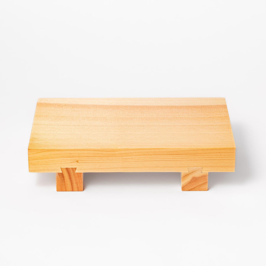 Rectangular hinoki wood sushi plate with clean lines and raised legs, perfect for serving sushi or appetizers with a refined traditional aesthetic.