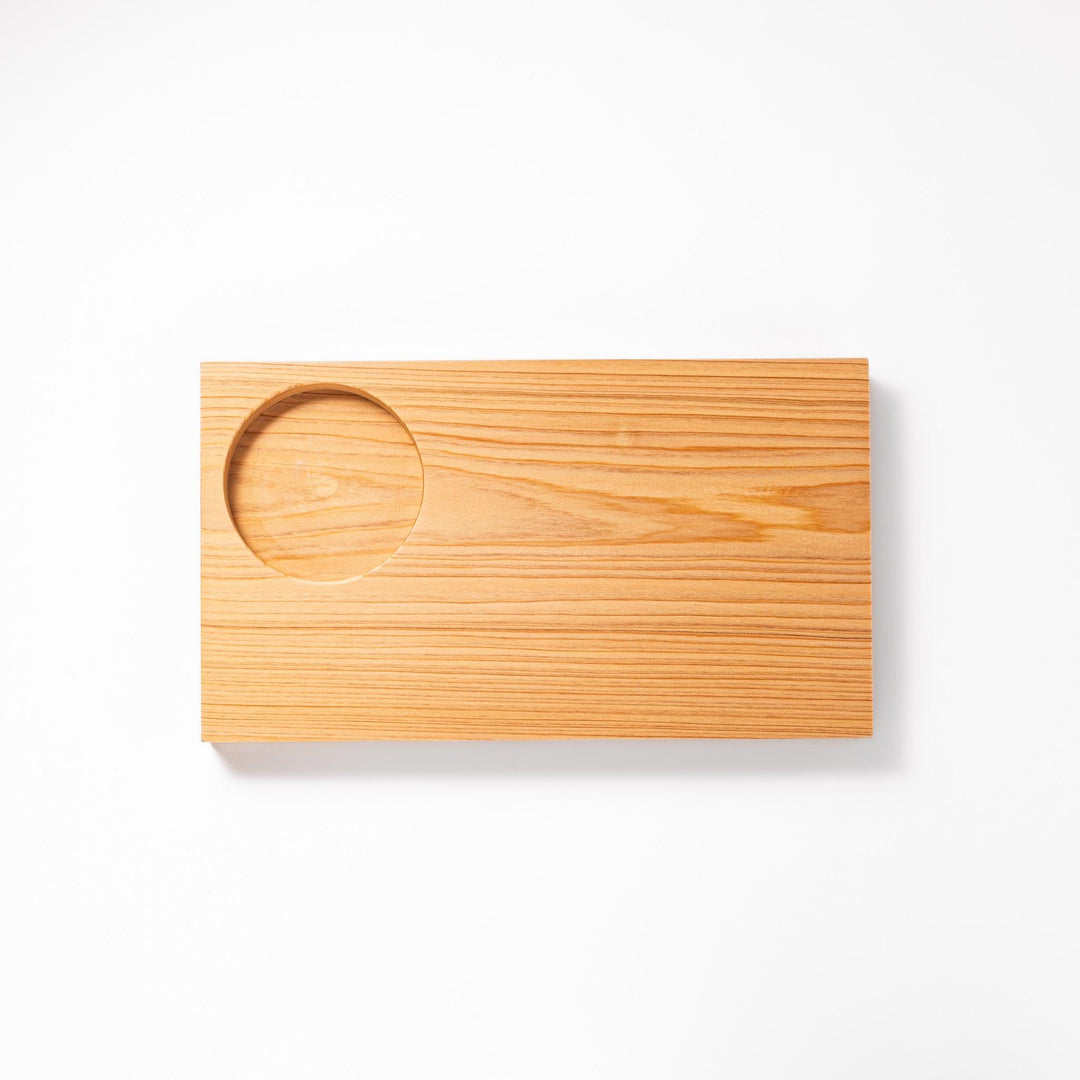 Rectangular hinoki wood sushi plate with circular well for ceramic dish, showcasing natural grain and smooth finish