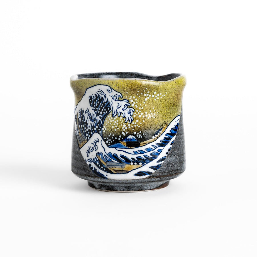 Tea Cups featuring Hokusai's Great Wave design, with vibrant blue waves and a golden gradient background.