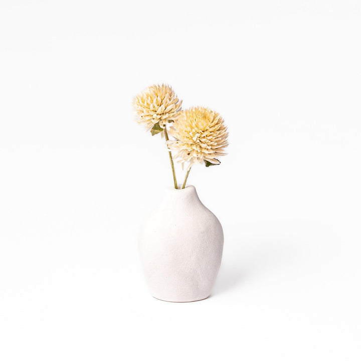 Minimalist white ceramic bud vase with a pear-shaped body and narrow neck, holding two dried flowers for a soft, elegant decorative touch.