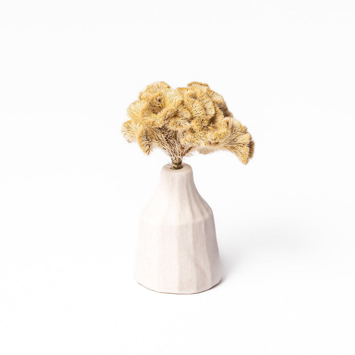 Minimalist white ceramic bud vase with a faceted prism shape and narrow neck, offering a modern geometric touch for single stems or dried flowers.