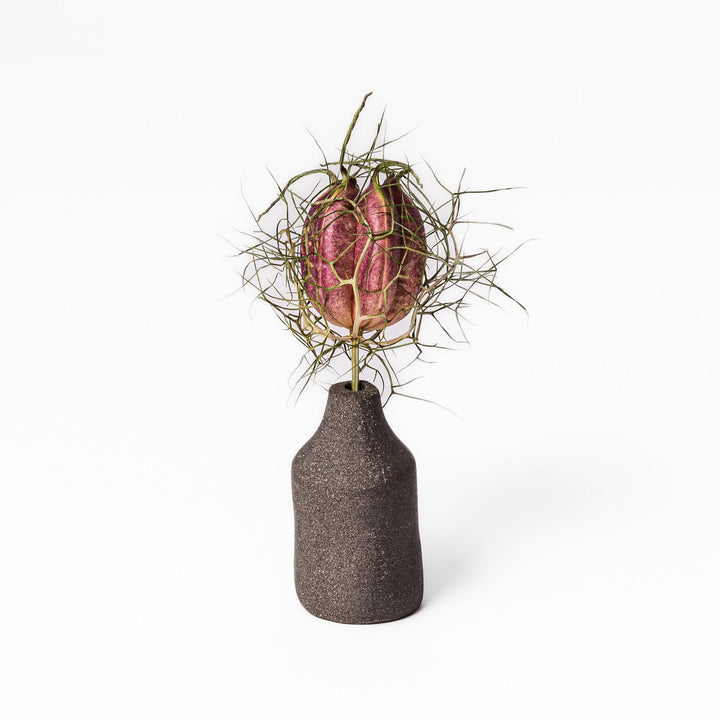 Minimalist dark ceramic bud vase with a cylindrical silhouette and matte finish, perfect for showcasing single stems or dried botanicals.