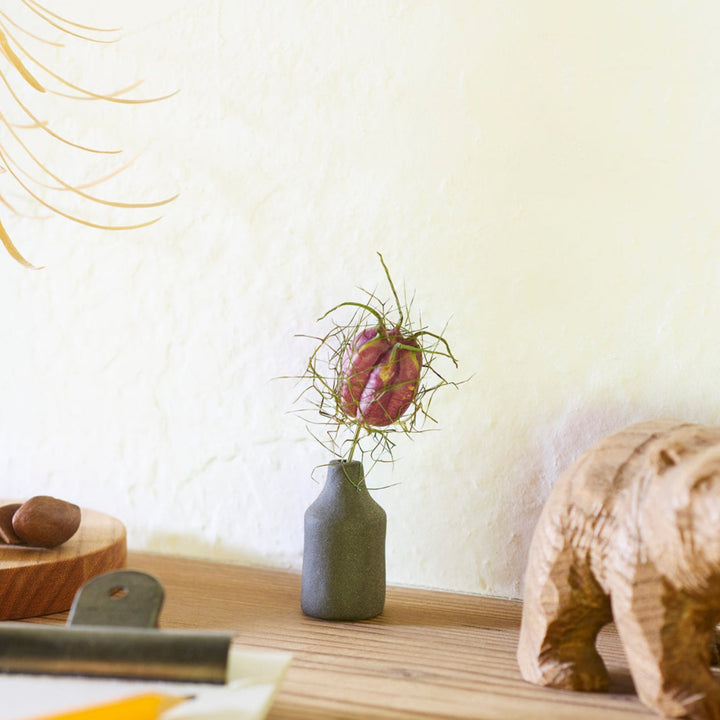 Minimalist dark ceramic bud vase with a cylindrical silhouette and matte finish, perfect for showcasing single stems or dried botanicals.