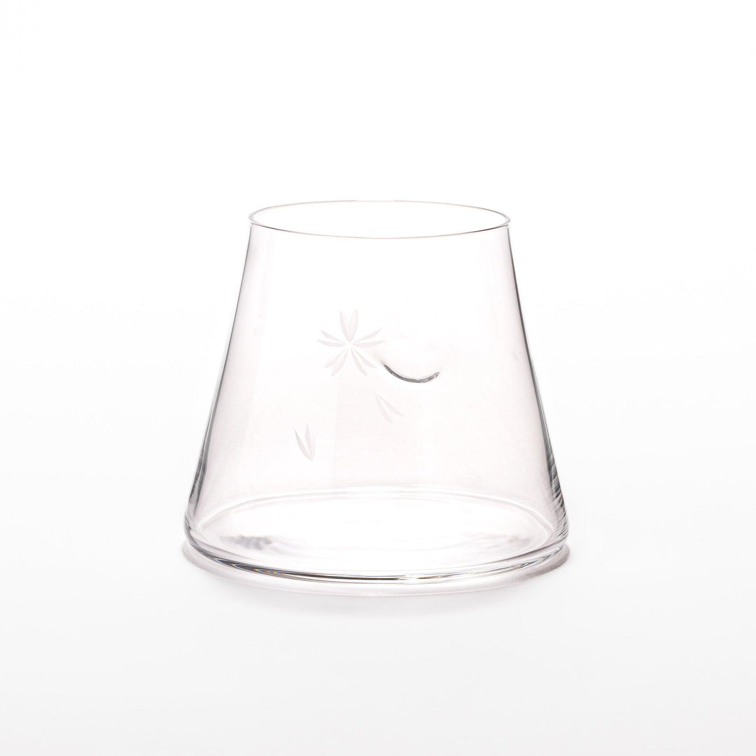 Mount Fuji–inspired beer glass with flared base and delicate etched cherry blossom design, perfect for enjoying craft beer in style.