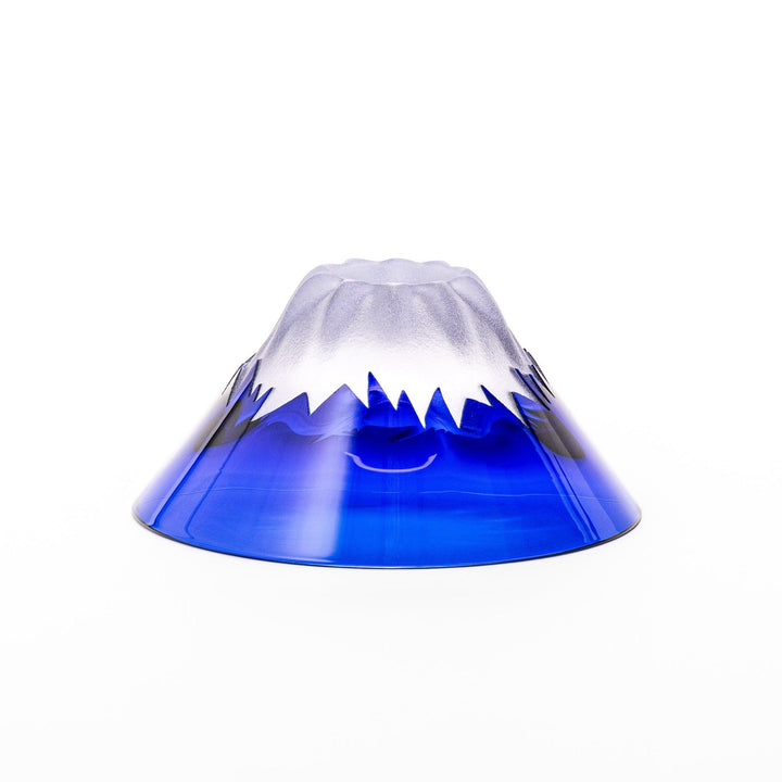 Blue glass sake cup shaped like Mount Fuji with a frosted white snowcap, ideal for celebrations and authentic Japanese dining.