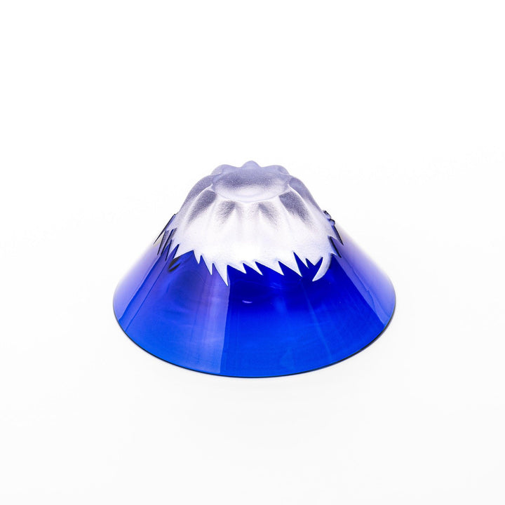 Blue glass sake cup shaped like Mount Fuji with a frosted white snowcap, ideal for celebrations and authentic Japanese dining.