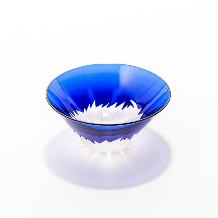Blue glass sake cup shaped like Mount Fuji with a frosted white snowcap, ideal for celebrations and authentic Japanese dining.