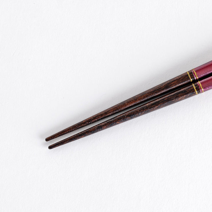A boxed set of two pairs of chopsticks, one with blue and one with red handles, featuring Mount Fuji designs.