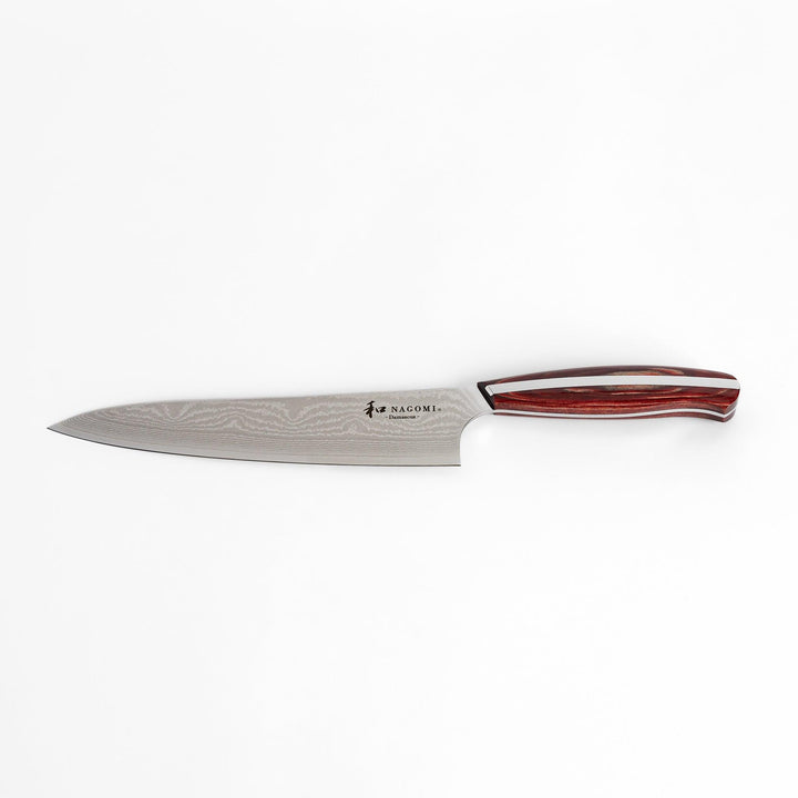 A high-quality Damascus chef's knife with a beautifully patterned blade and a striped wooden handle, offering both elegance and precision for your culinary tasks.
