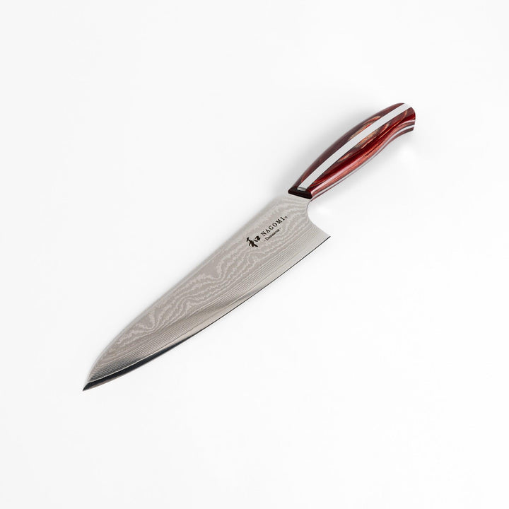 A high-quality Damascus chef's knife with a beautifully patterned blade and a striped wooden handle, offering both elegance and precision for your culinary tasks.