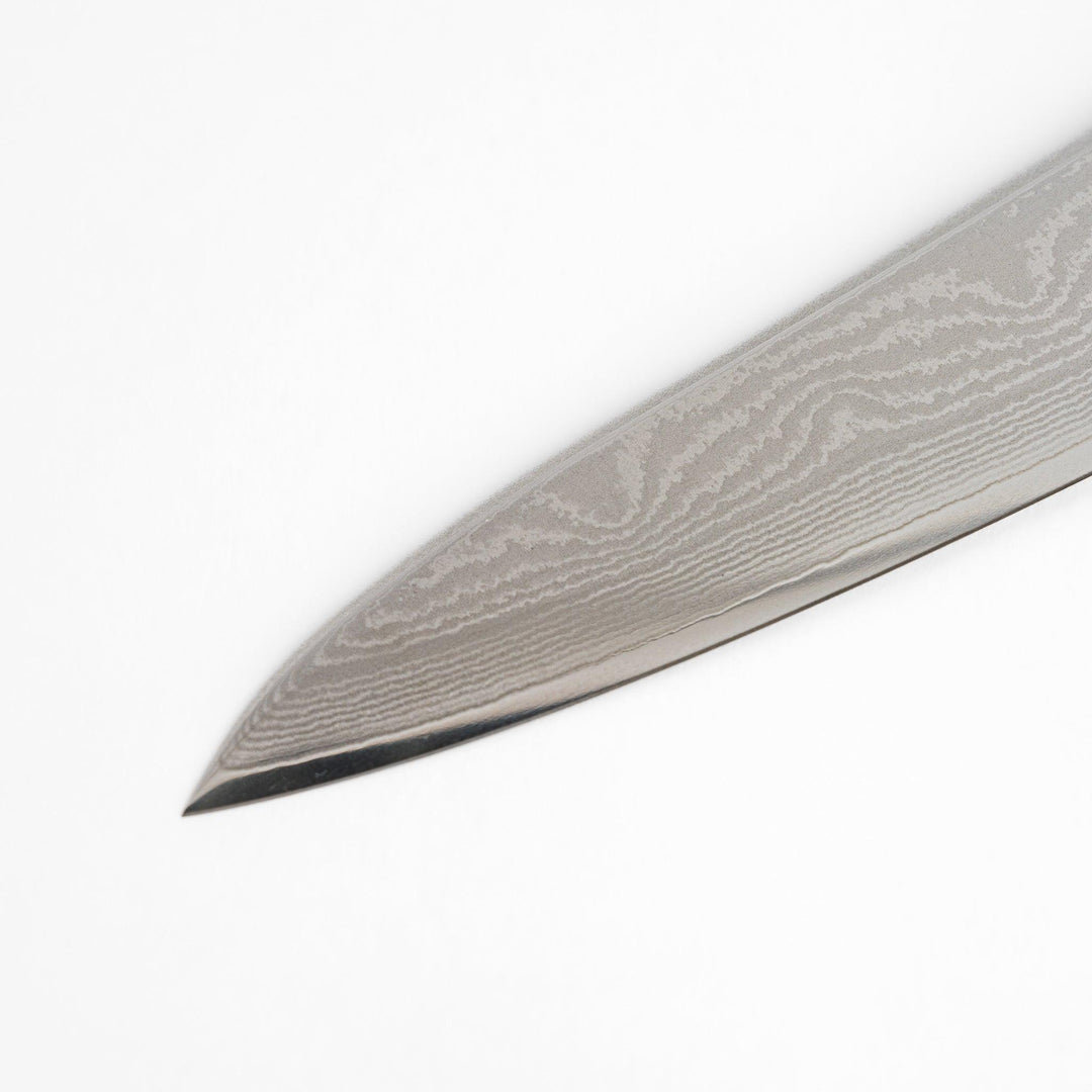 A high-quality Damascus chef's knife with a beautifully patterned blade and a striped wooden handle, offering both elegance and precision for your culinary tasks.