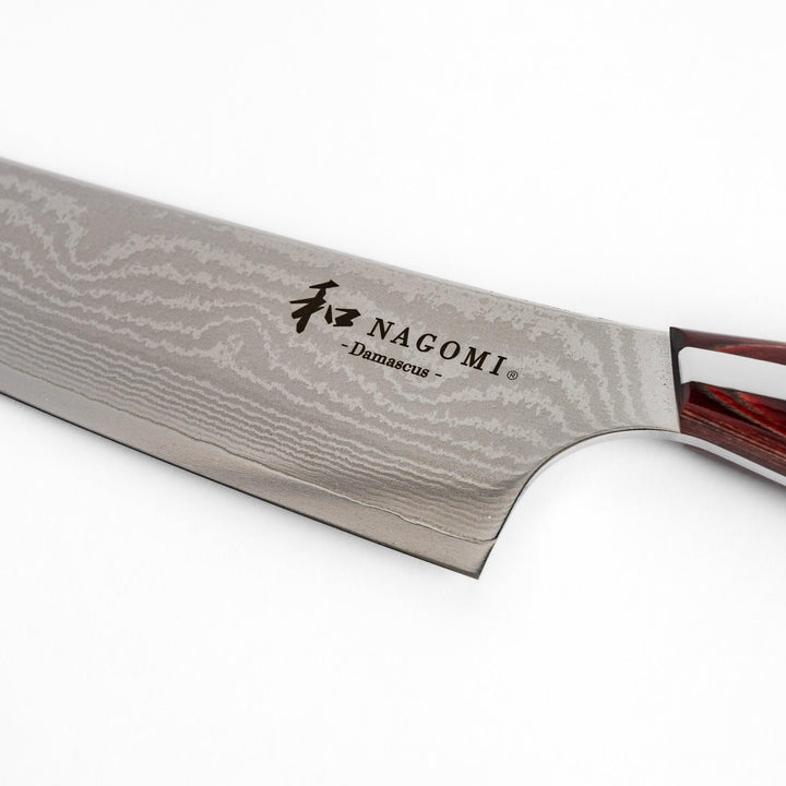 A high-quality Damascus chef's knife with a beautifully patterned blade and a striped wooden handle, offering both elegance and precision for your culinary tasks.