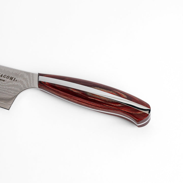 A high-quality Damascus chef's knife with a beautifully patterned blade and a striped wooden handle, offering both elegance and precision for your culinary tasks.