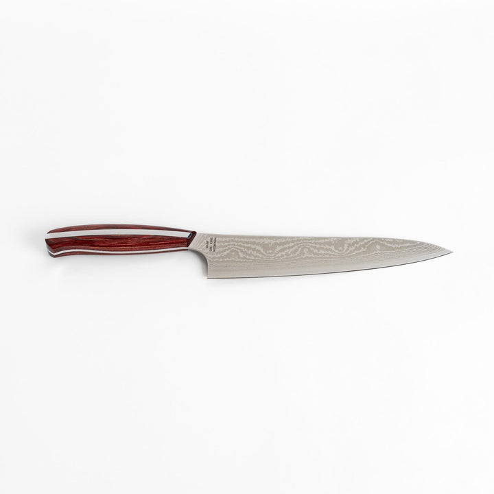 A high-quality Damascus chef's knife with a beautifully patterned blade and a striped wooden handle, offering both elegance and precision for your culinary tasks.