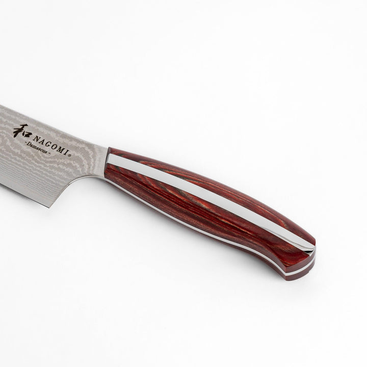 A high-quality Nagomi Damascus Santoku knife featuring a beautifully patterned blade and a striped wooden handle, offering both elegance and precision for all your culinary needs.