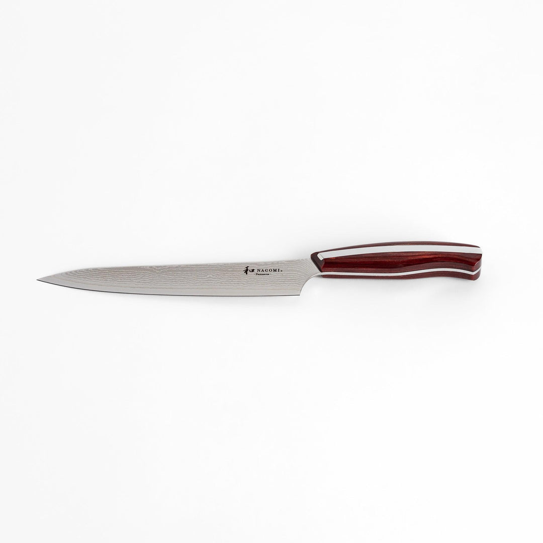 A high-quality Nagomi Damascus utility knife with a beautifully patterned blade and a striped wooden handle, offering excellent precision for everyday kitchen tasks.