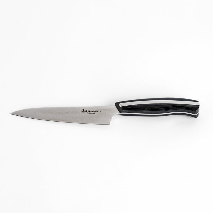 A Nagomi Professional utility knife with a sleek, sharp blade and a modern striped handle, offering precision and comfort for all your kitchen tasks.
