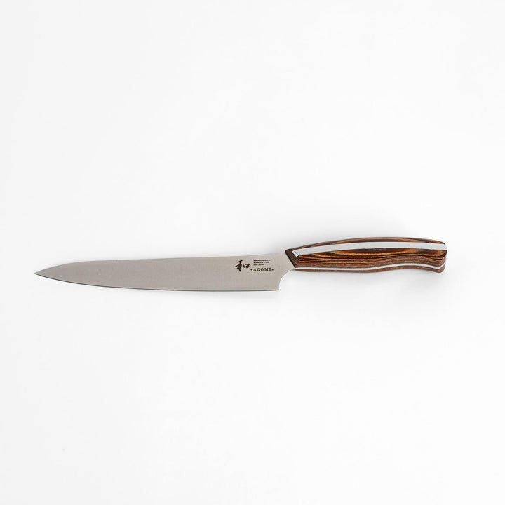 A Nagomi utility knife featuring a sharp, durable blade and a beautifully crafted striped wooden handle, designed for precision and comfort in various kitchen tasks.