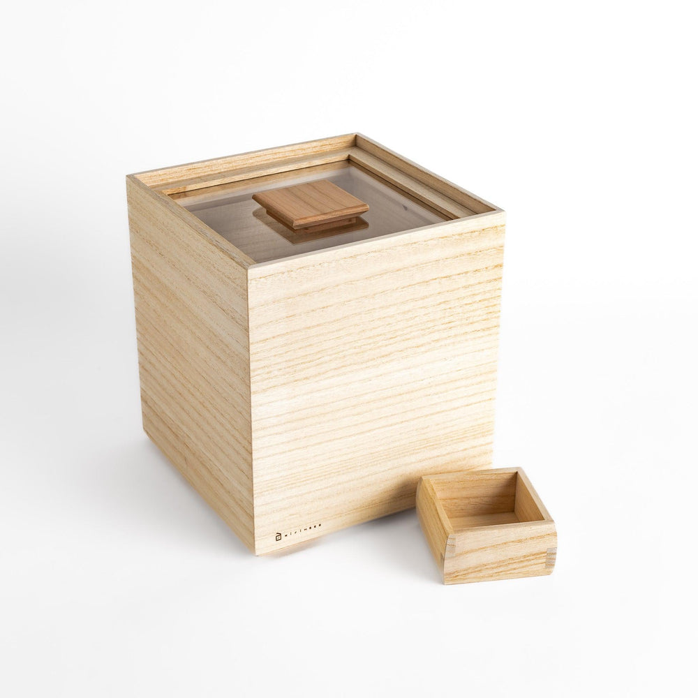 Paulownia Wood Rice Storage Box with a minimalist design, featuring a square shape and a wooden lid, perfect for storing rice with elegance and functionality.
