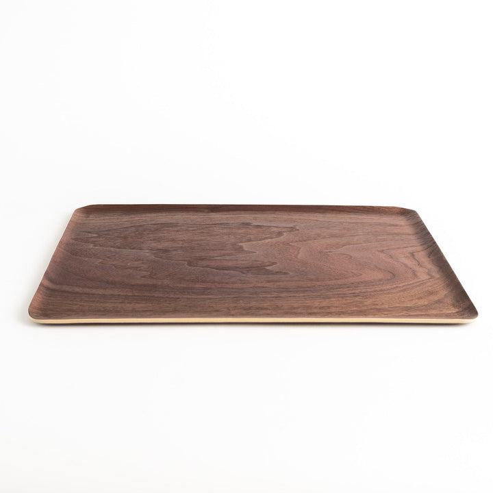 Rectangular walnut serving tray with a beautiful wood grain, perfect for serving breakfast, appetizers, or drinks with a touch of natural elegance.