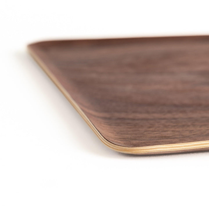Rectangular walnut serving tray with a beautiful wood grain, perfect for serving breakfast, appetizers, or drinks with a touch of natural elegance.