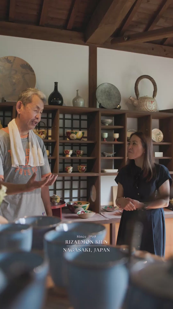 Artisans crafting traditional ceramic tableware, shaping, painting, and firing pottery at Rizaemon Kiln in Nagasaki Japan