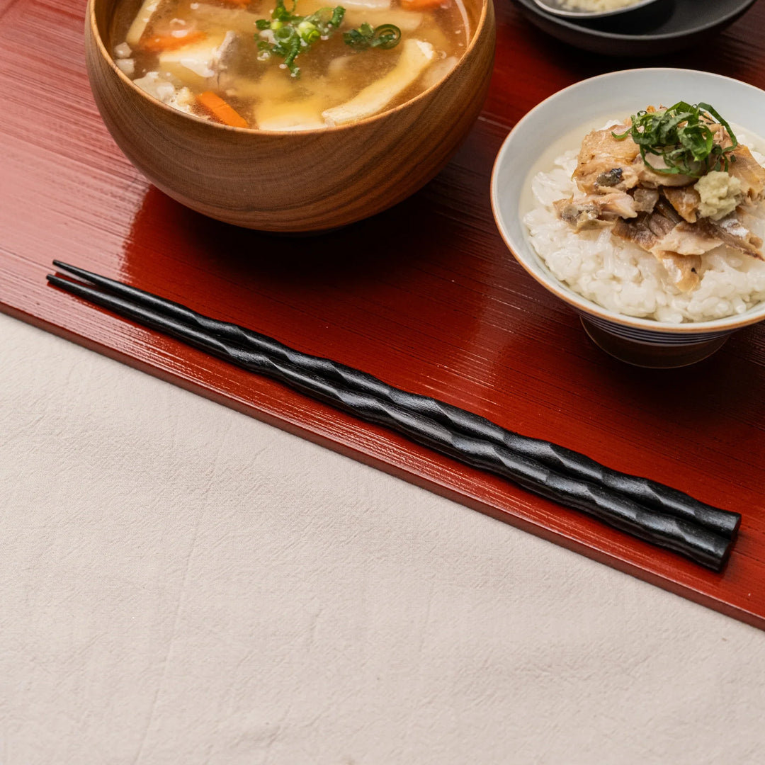 Japanese Black Wooden Chopsticks with Spiral Carved Grip Design
