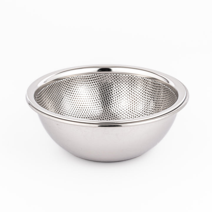 Compact stainless steel mesh strainer bowl with precision-punched holes and sturdy rim, perfect for small-scale rinsing and draining tasks.