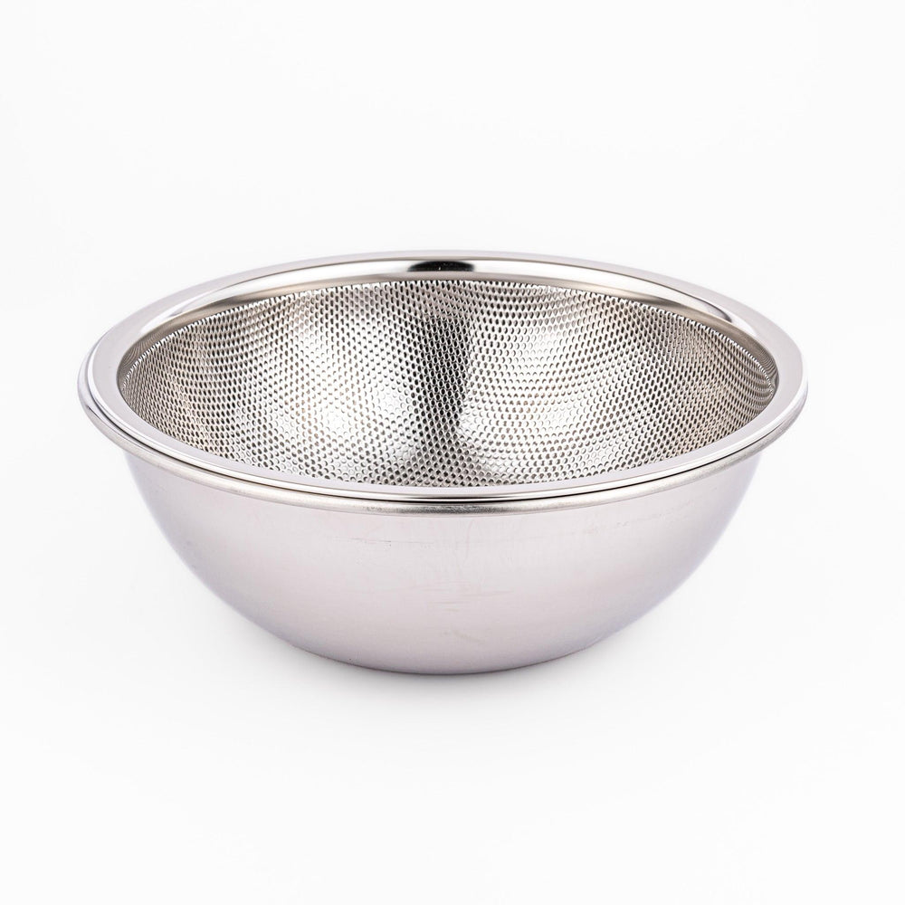 Stainless steel mesh strainer bowl with fine perforations and a sturdy rim, ideal for rinsing rice, vegetables, or draining pasta with ease.