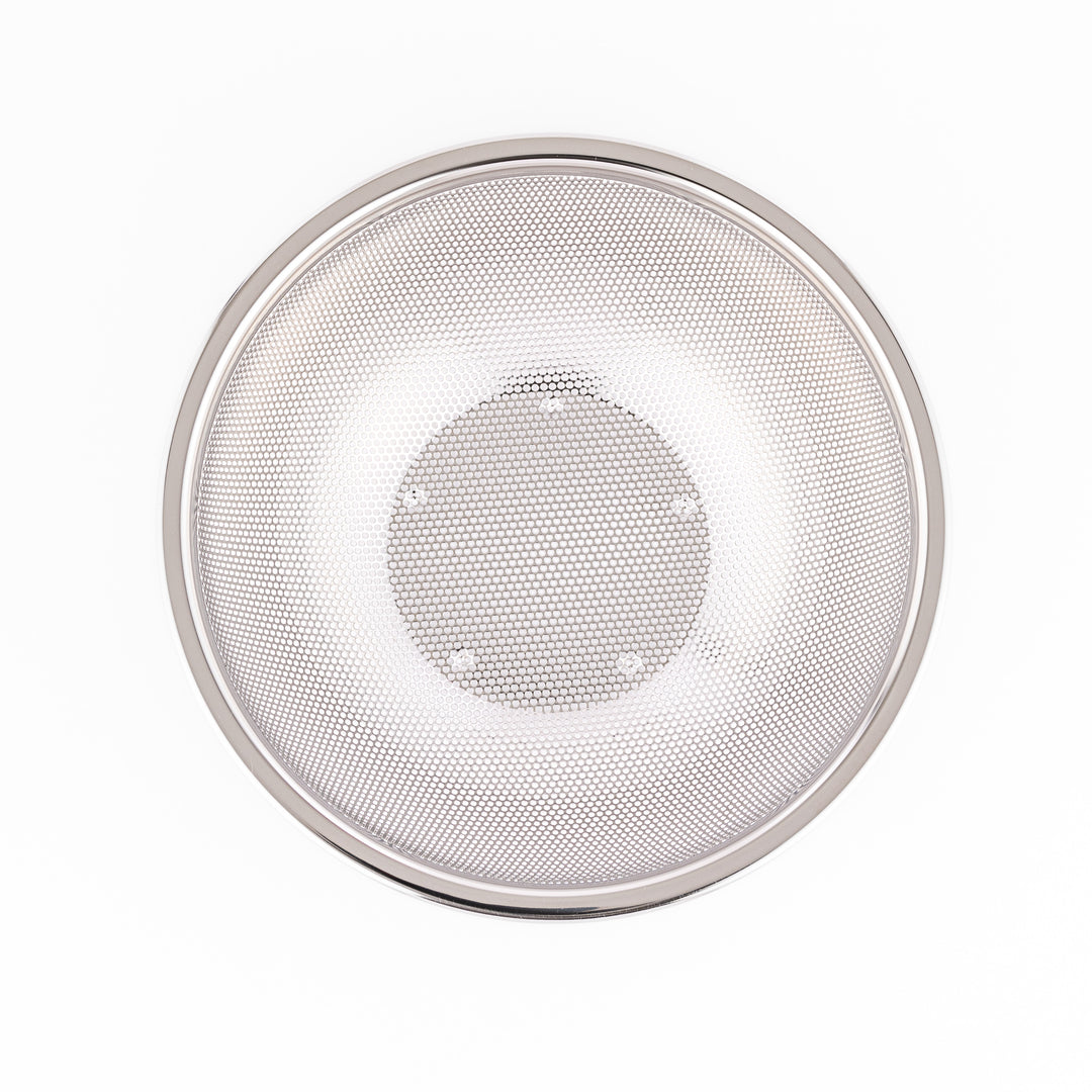 Fine stainless steel mesh strainer bowl with wide rim and durable build, ideal for draining noodles, washing produce, or rinsing rice efficiently.