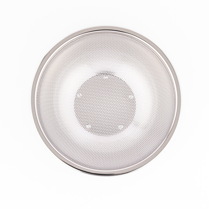 Fine stainless steel mesh strainer bowl with wide rim and durable build, ideal for draining noodles, washing produce, or rinsing rice efficiently.