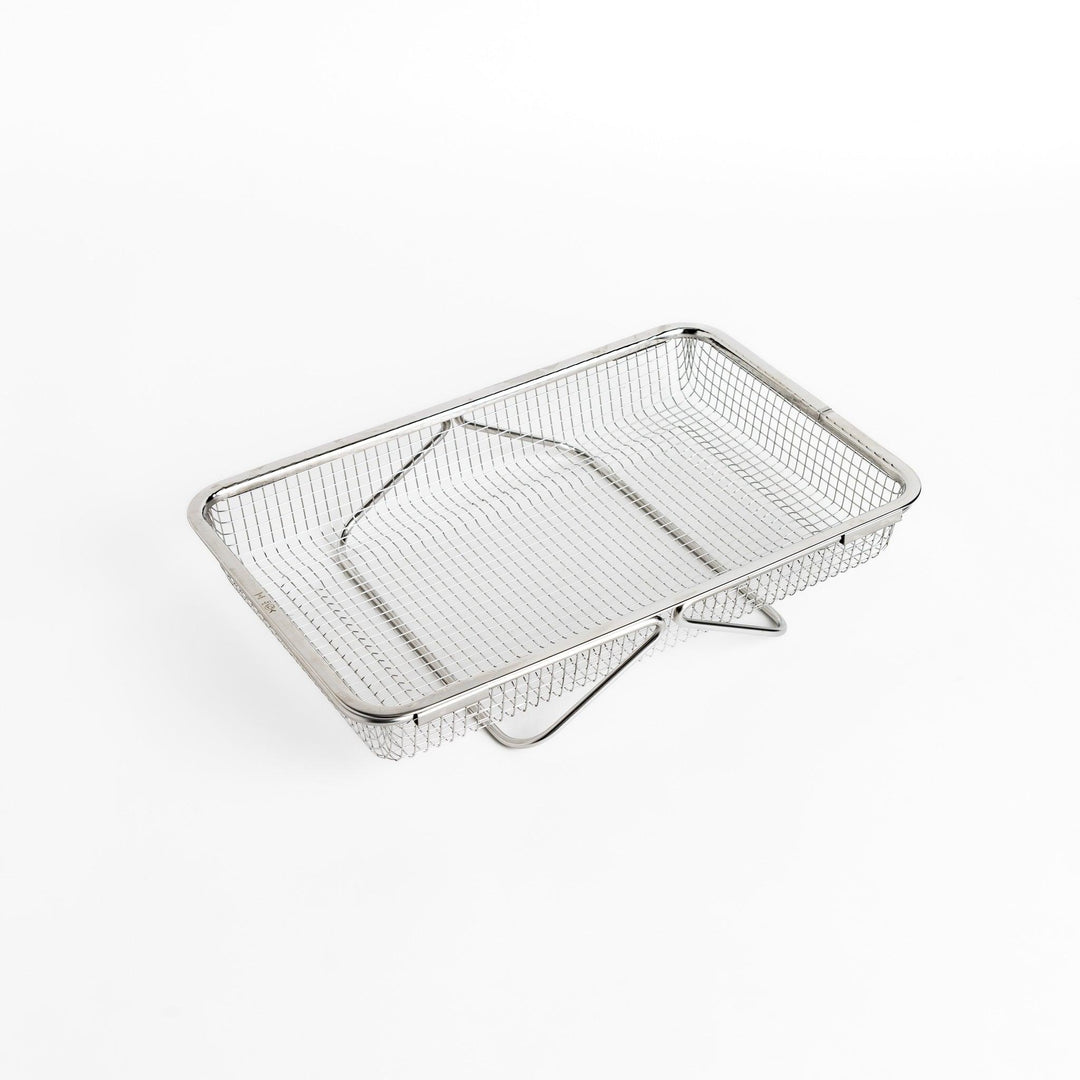 Durable stainless steel draining basket with a fine mesh design, perfect for draining liquids from food during preparation or cooking.