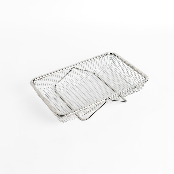 Durable stainless steel draining basket with a fine mesh design, perfect for draining liquids from food during preparation or cooking.