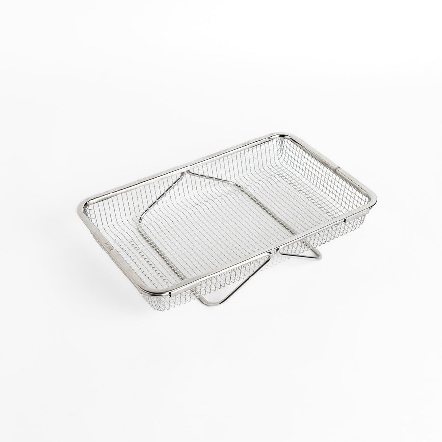 Durable stainless steel draining basket with a fine mesh design, perfect for draining liquids from food during preparation or cooking.