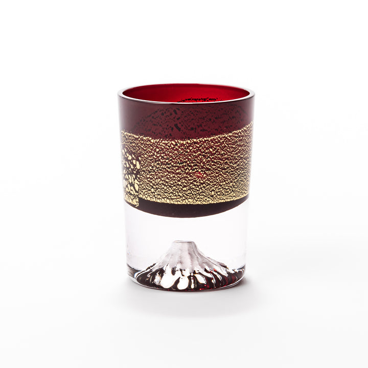 Deep red sake glass adorned with rich gold-leaf mountain scenery and a sculpted Mount Fuji at the base, offering a refined Japanese aesthetic.